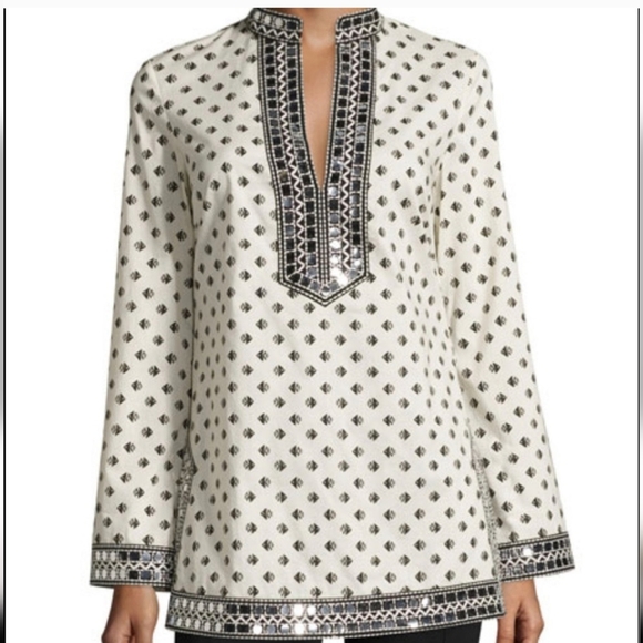 Tory Burch Ivory & Black Fish Print Tunic Top w/ Mirror Sequins - Picture 4 of 12